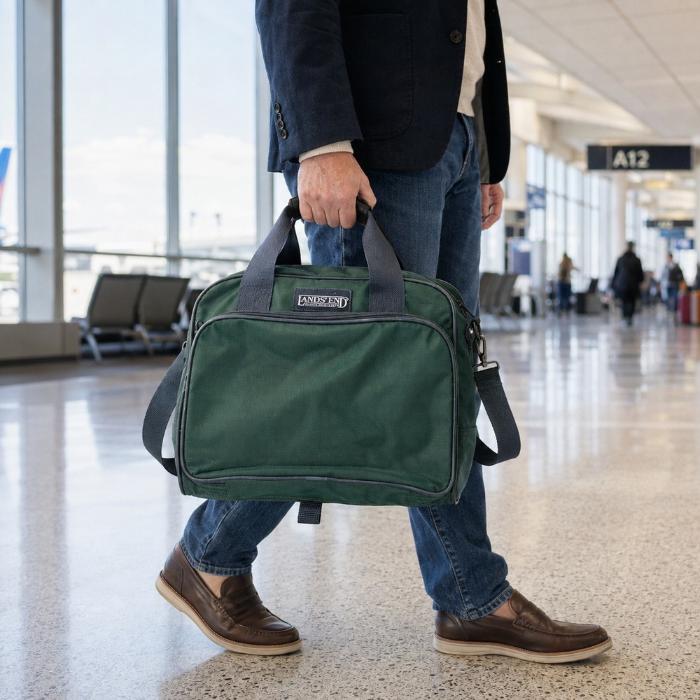 Lands End Vintage Forest Green Canvas Carry-on Bag with Navy Trim
